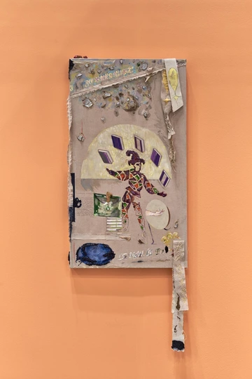 Paige K. Bradley, Jester's Privilege / Proud Punk Split EP, 2024. Rosebuds, wax, acrylic, gouache, graphite, bookbinding net, PVA, book cloth, cork, charms, collage, gampi paper, rice starch paste, cotton and polyester embroidery, dye sublimation print on polyester voile, oil, flashe, acrylic marker, phosphorescent acrylic, and transparent gesso on linen. 32 x 18 x 1 ½ in