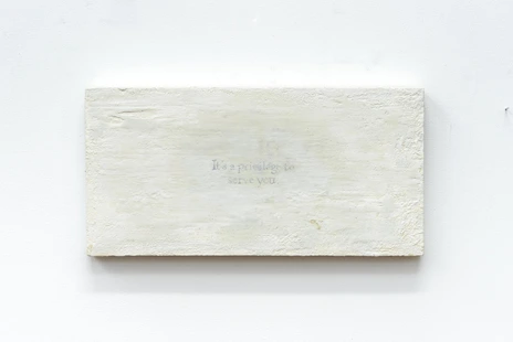 Paige K. Bradley, It's a privilege..., 2024. Gesso, marble dust, gouache, acrylic, beeswax, and latex paint on panel. 8 x 16 x 1 in.